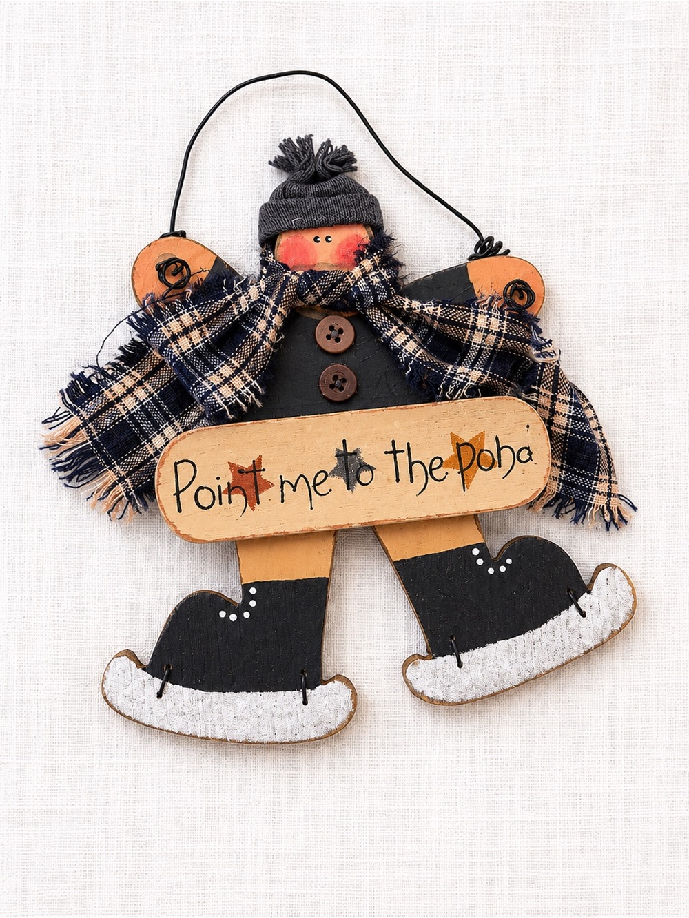 Vintage 90s Handcrafted Black & Cream Winter Snowman Wall Sign - Rustic Home